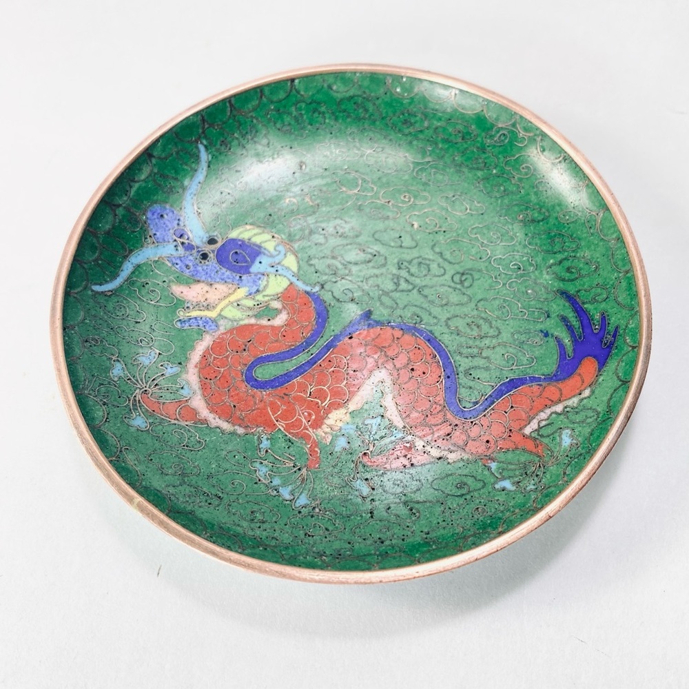 Cloisonné Red Blue Green Dragon Inlay Enamel Brass Small Trinket Plate Dish